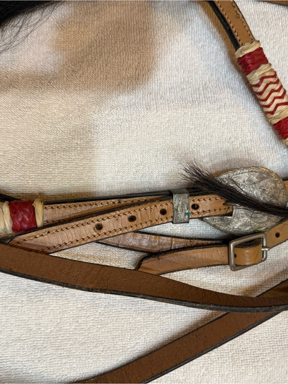 Leather Western Headstall w/ matching reins w/ horsehair Accent colored rawhide - Picture 3 of 16